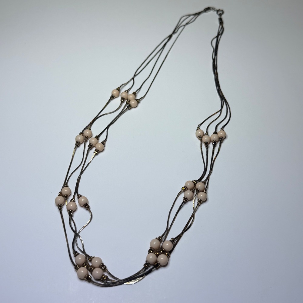 Vintage Multi Strand Herringbone Chain Necklace‎ Pink Bead Accents Silver Tone
